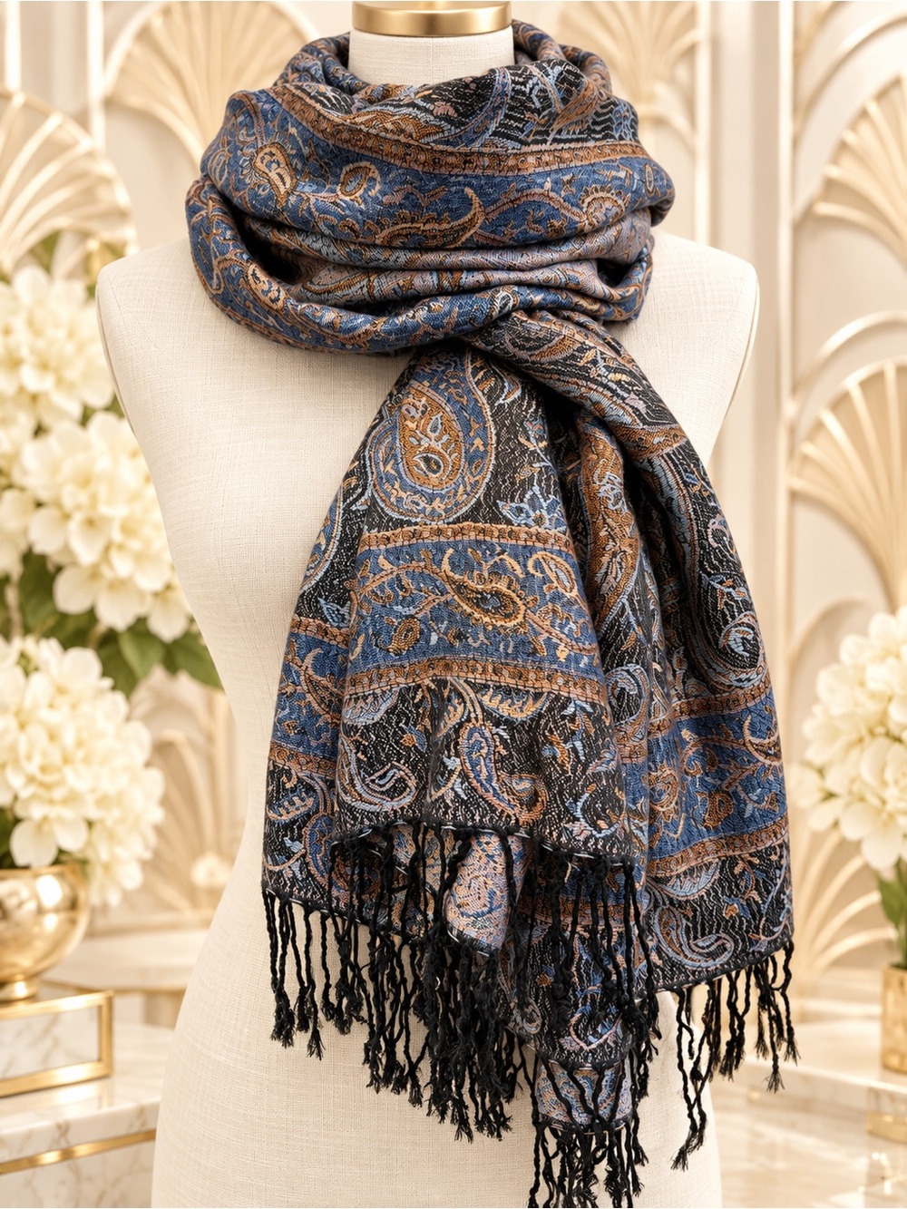 🆕🔥Classic Paisley Fringe Pashmina Scarf - Blue & Brown